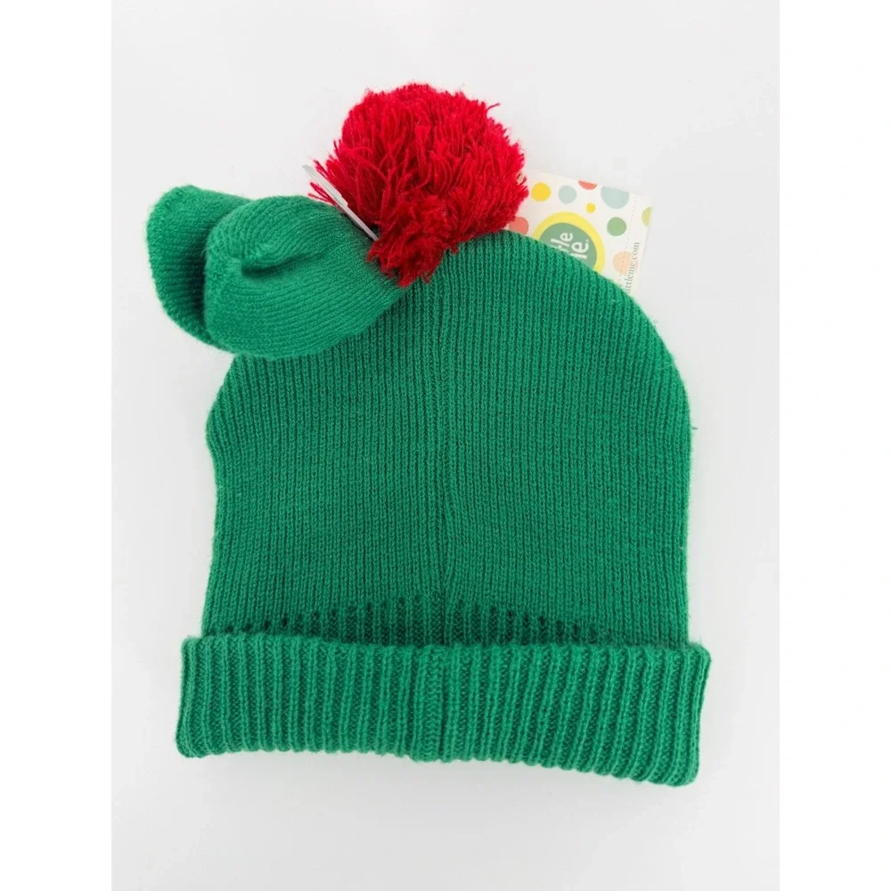 Little Me Green Reindeer Knit Beanie Hat Red Pom Pom 12M-24M NEW